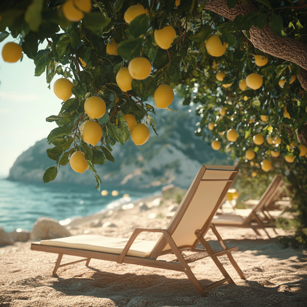 Lemons shading sun loungers at beautiful Italian beach.