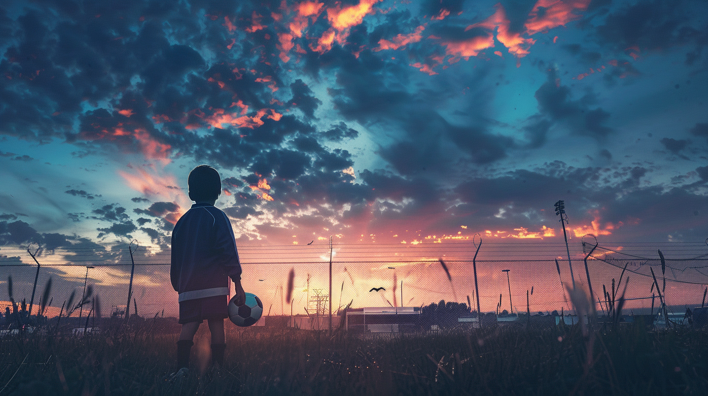 Leo at dawn on soccer field with sketchbook.