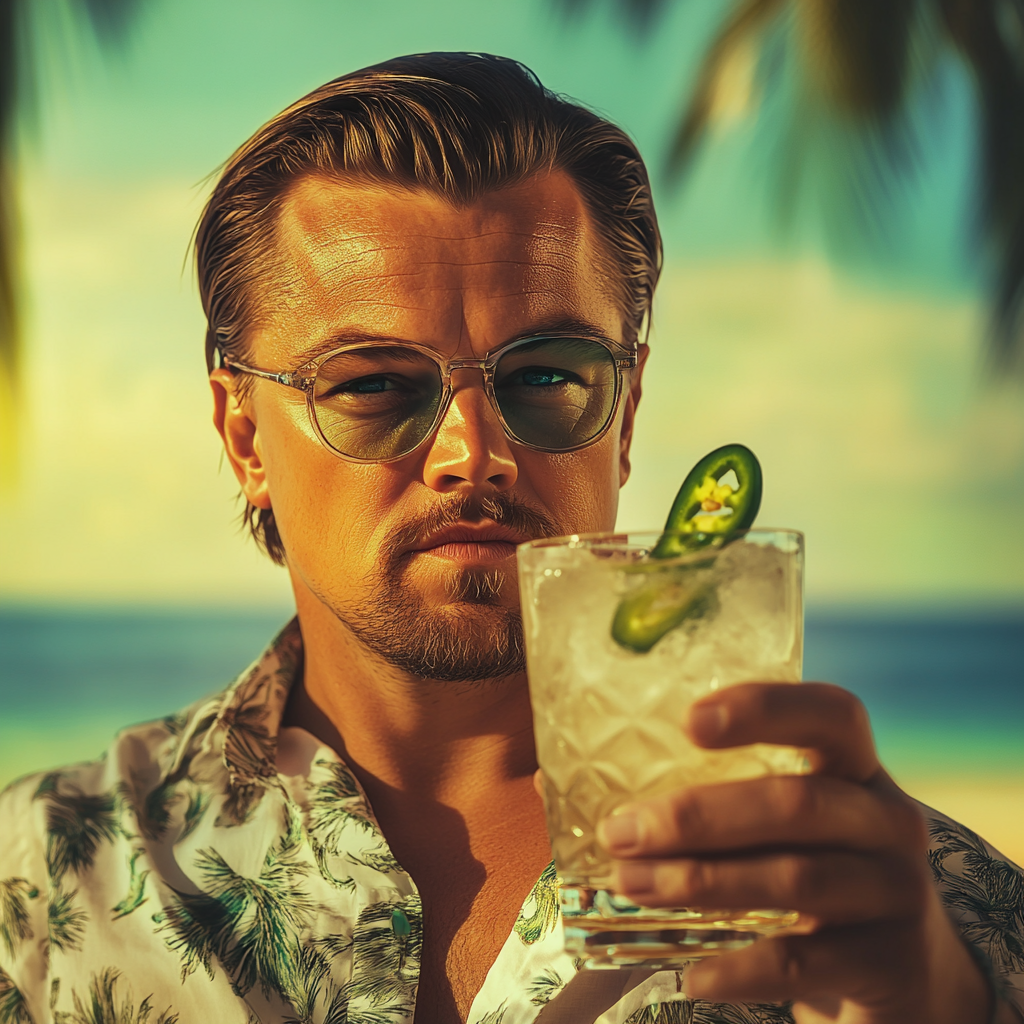 Leonardo Dicaprio drinks margarita with jalapeno garnish beach retro.