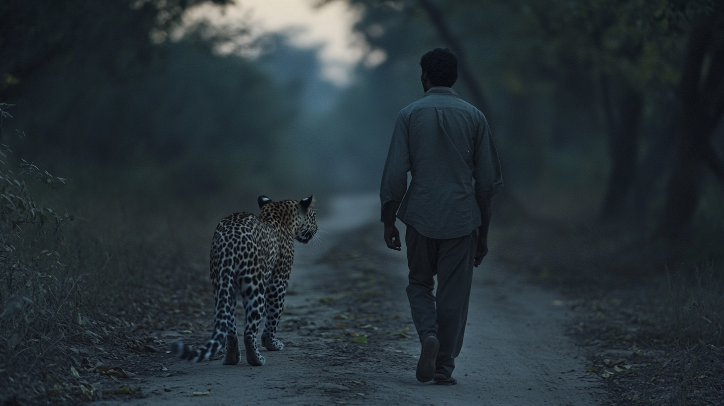 Leopard quietly follows human in dark, Indian scenery.