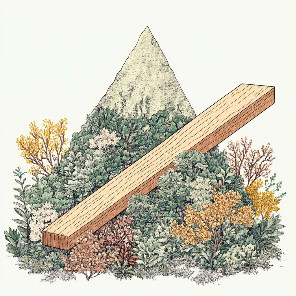 Lever on mountain with trees, minimalist and detailed contrast.