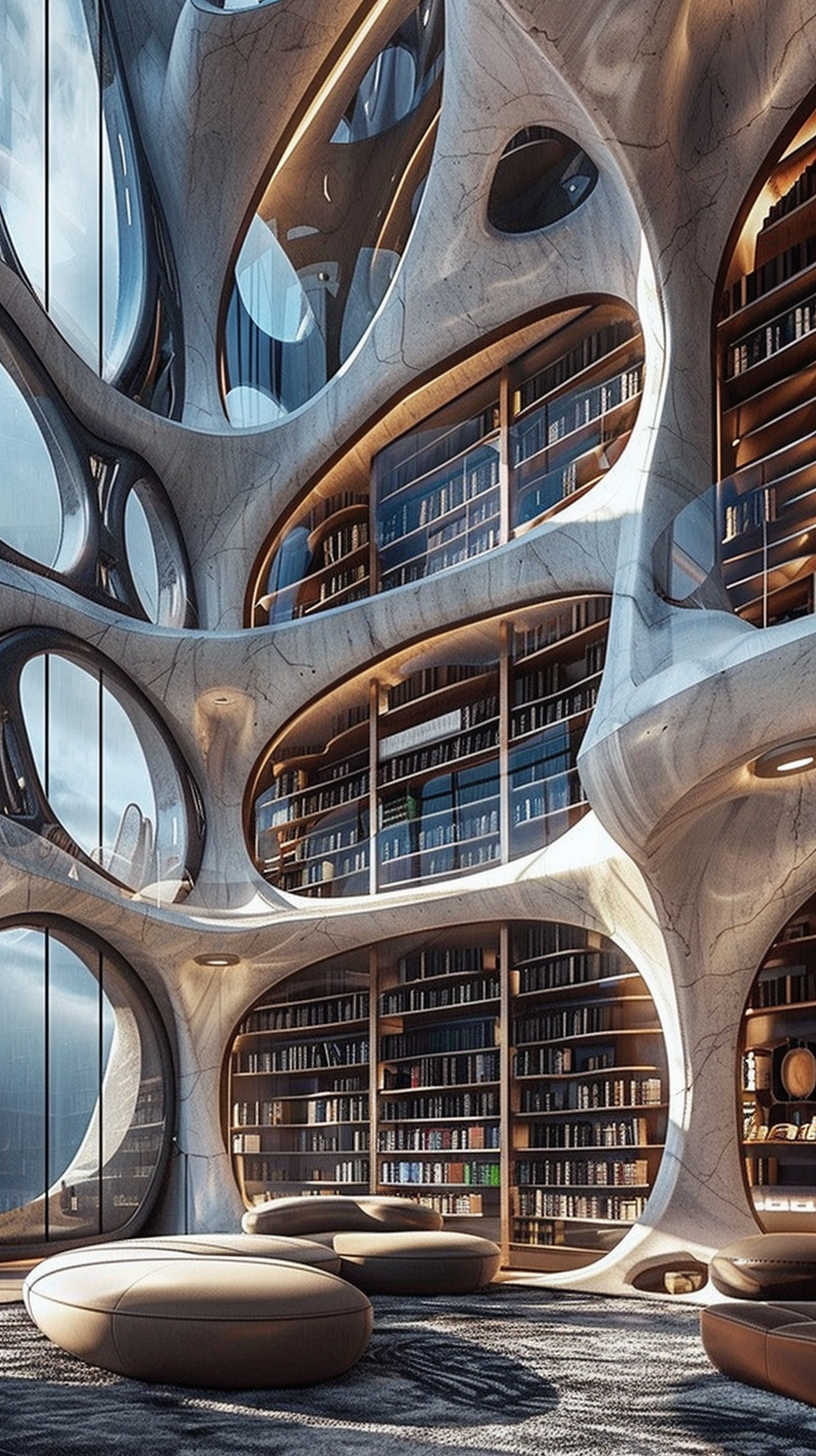 Library with futuristic and fantasy design, hyper realistic form.