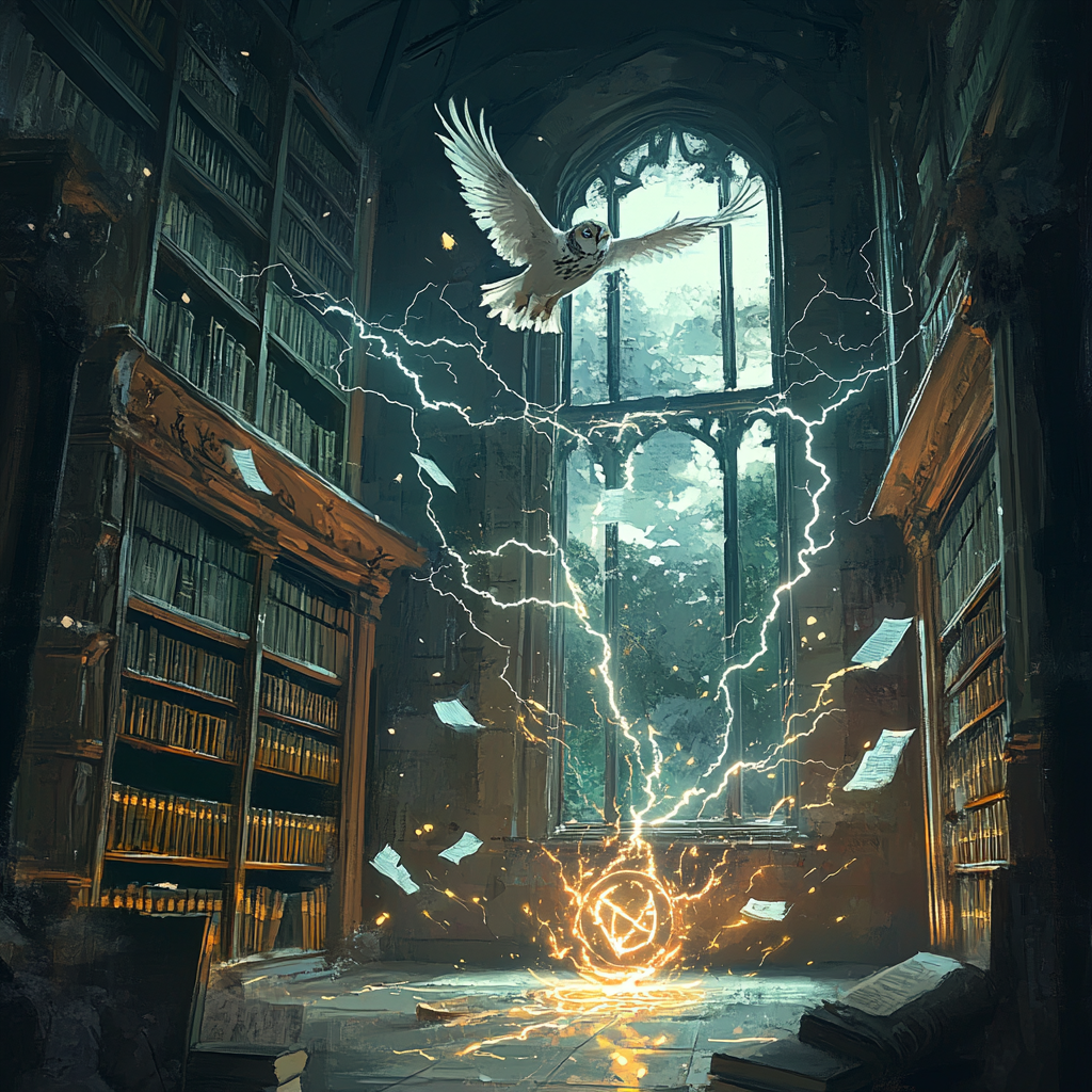 Library with lightning entering, magic sigil glowing, surprised magician, owl flying, magic sparks everywhere.