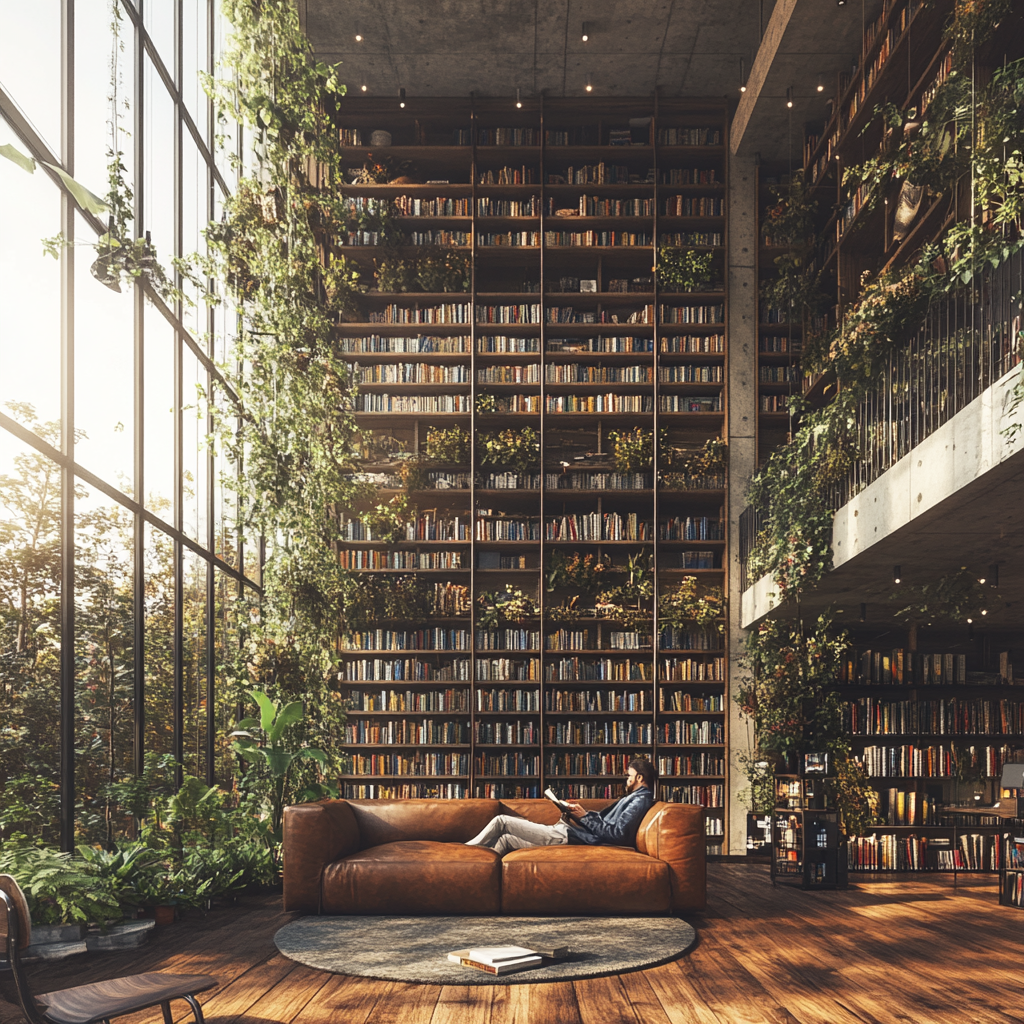 Library with man reading on sofa, plants hanging above.