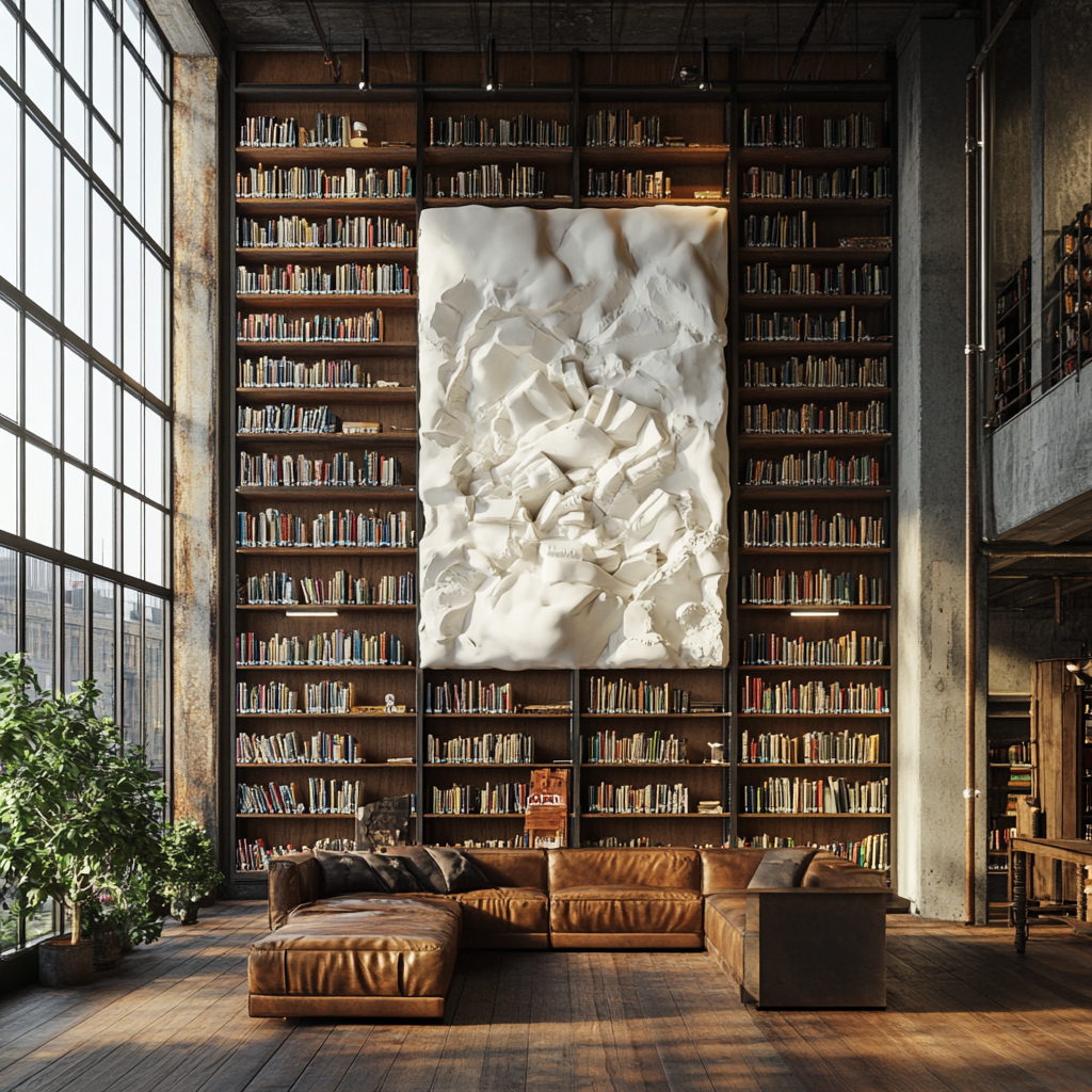 Library with wide bookshelves, white wall art, leather sofa.