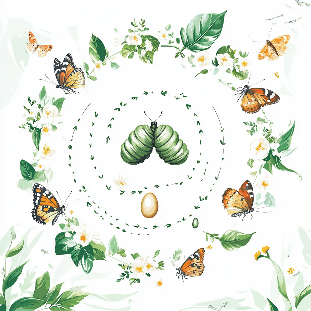 Life cycle of butterfly: egg, caterpillar, chrysalis, butterfly.