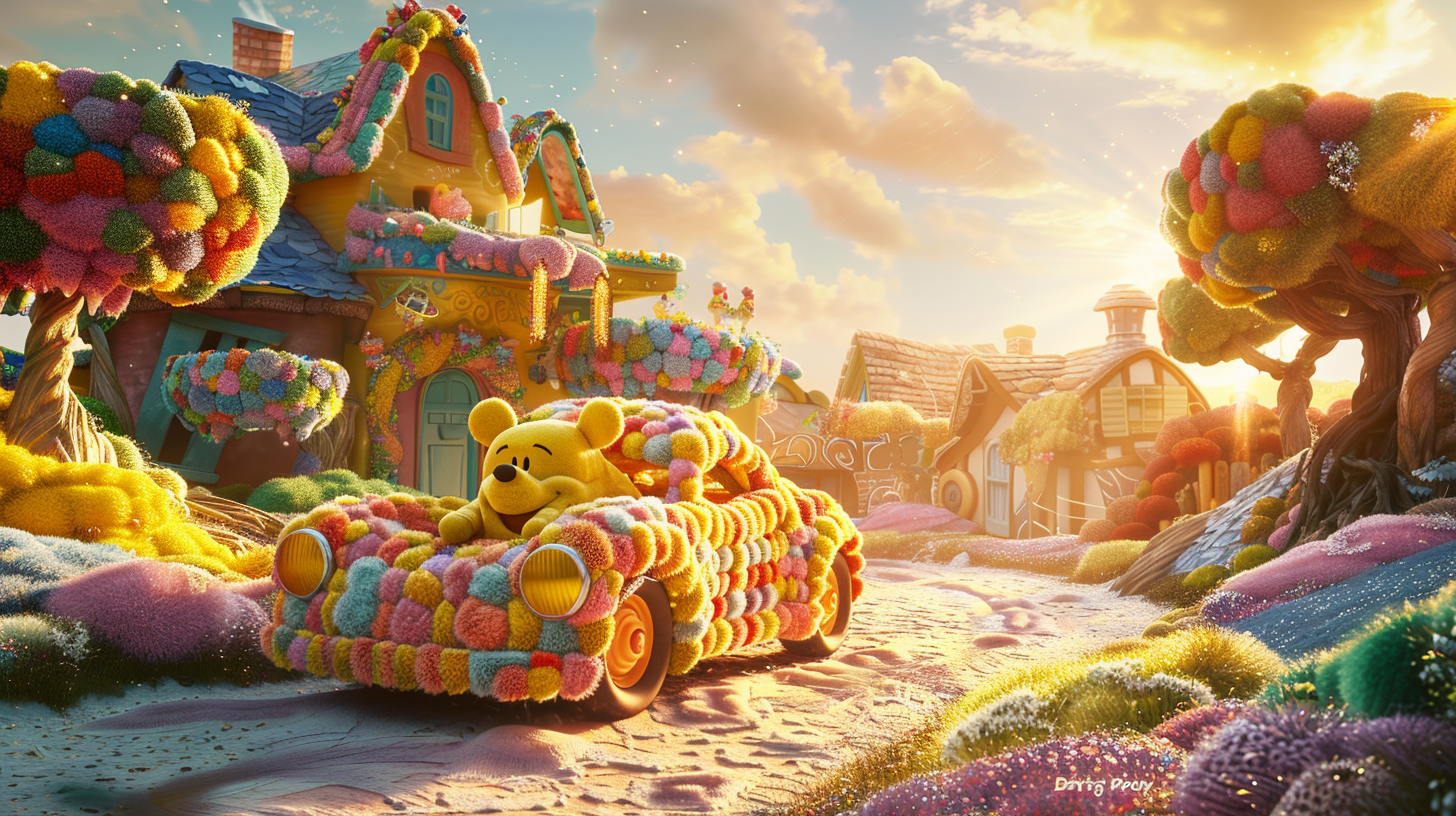 Life-sized car made of Disney plush toys drives.