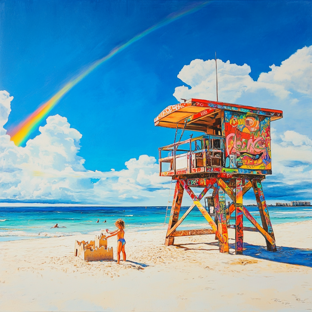 Lifeguard stand, graffiti mural, white sand beach, blue ocean.