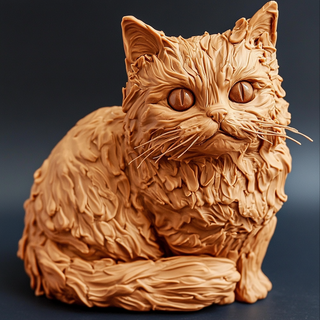 Lifelike cat sculpted from Kinder Bueno bars, realistic details.