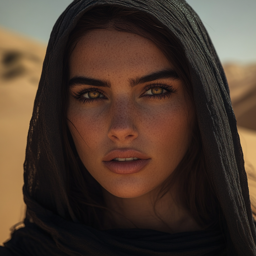 Lifelike prophetess with fierce expression in desert setting.