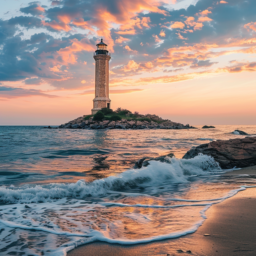 Lighthouse on rock with nice sky and waves.