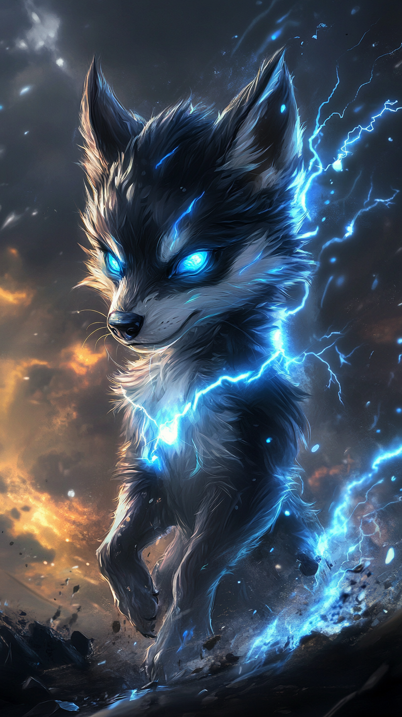 Lightning-powered chibi wolf with sparking fur in stormy sky.