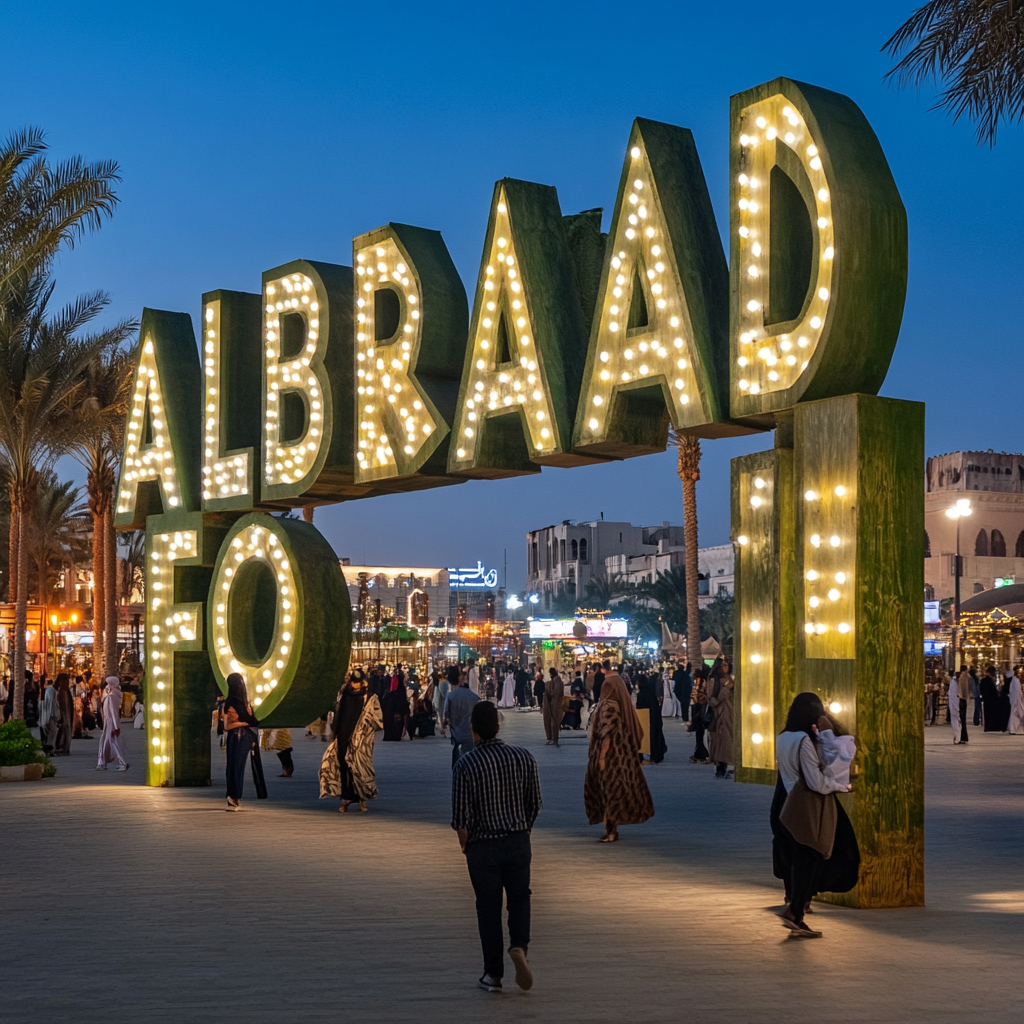 Lights shining on big letters 'ALBALAD FOOTBALL' in city.