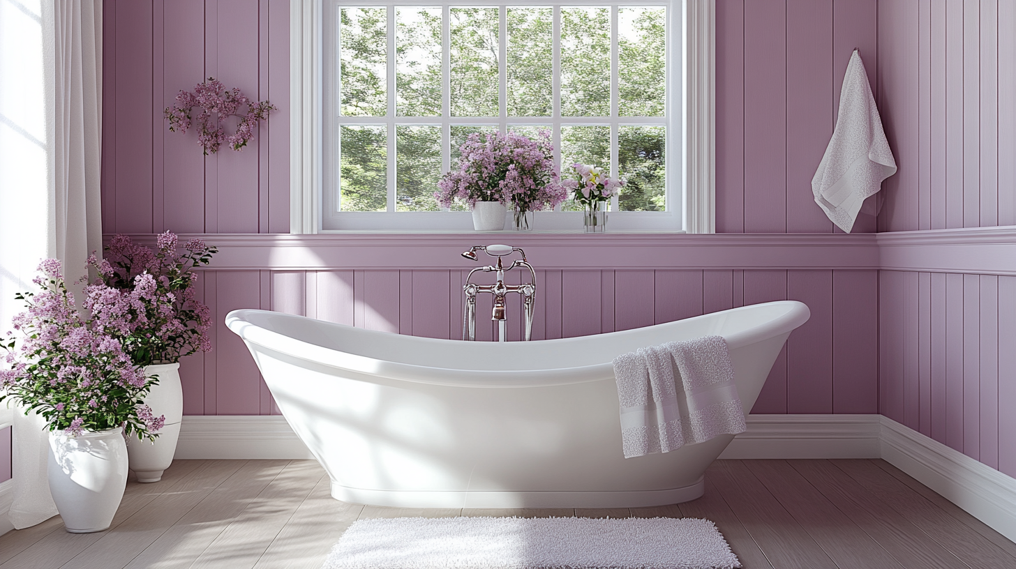 Lilac Love bathroom with white fixtures, floral motifs. Tranquil, romantic.