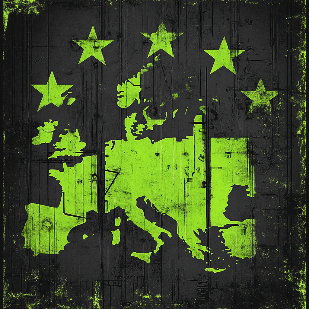 Lime green and black circuitry on European flag design.