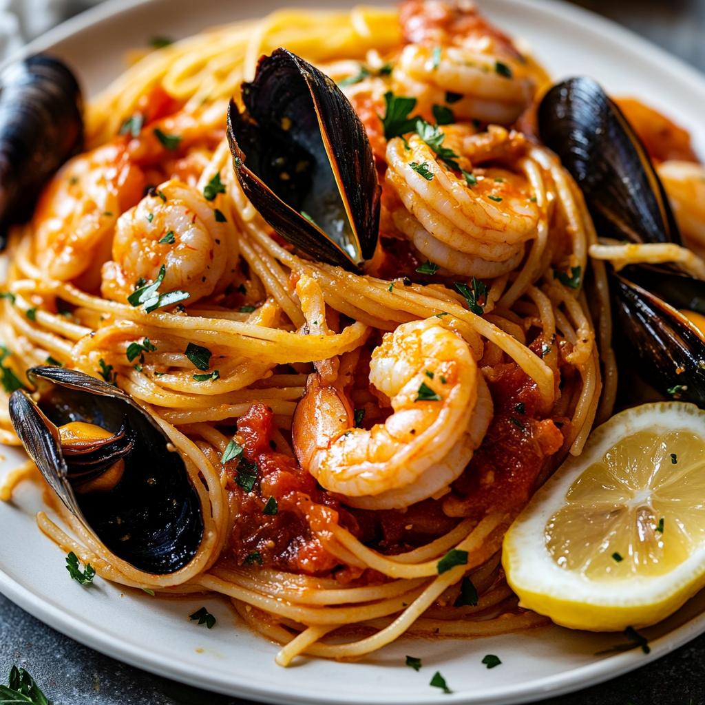 Linguine pasta with tomato sauce, shrimp, mussels, parsley.