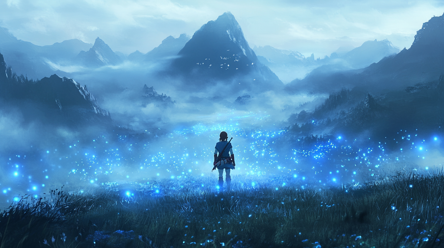 Link Exploring Dreamy Mountain Landscape with Blue Fireflies