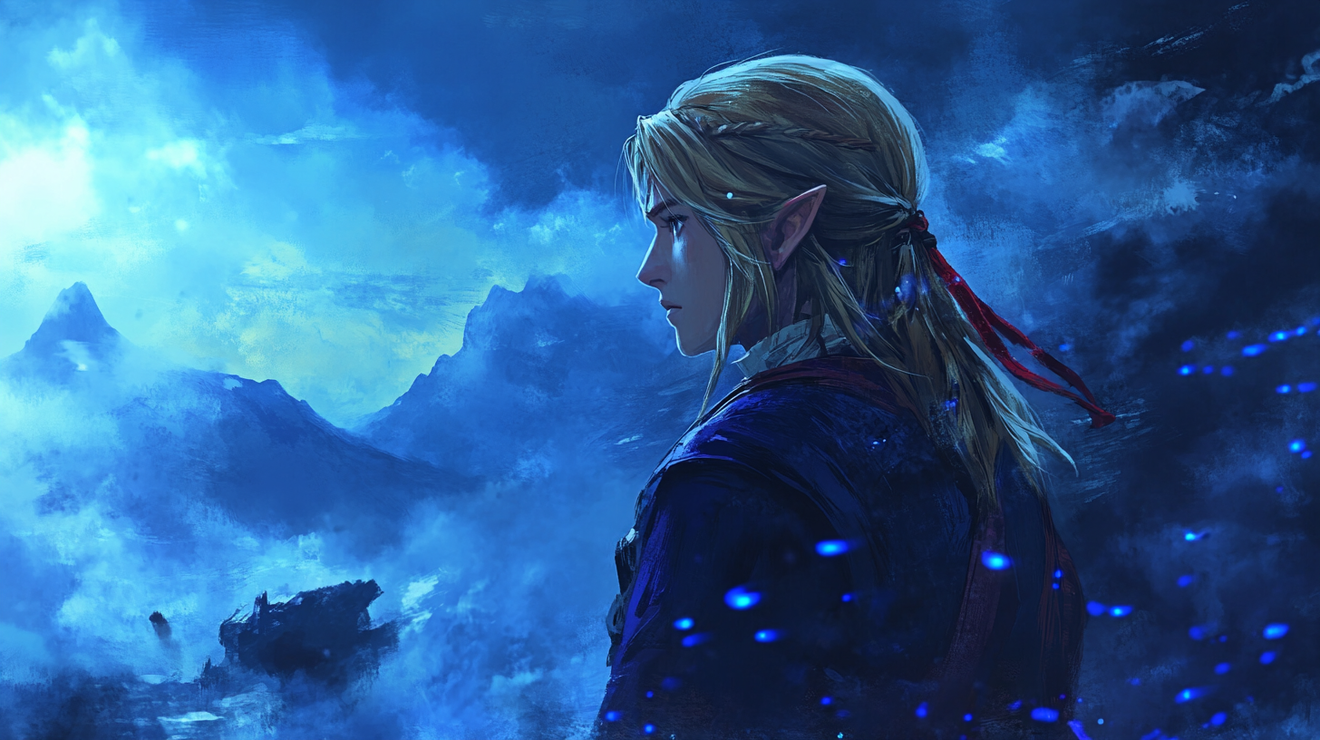 Link in Mongolian Attire Observing Dreamlike Landscape