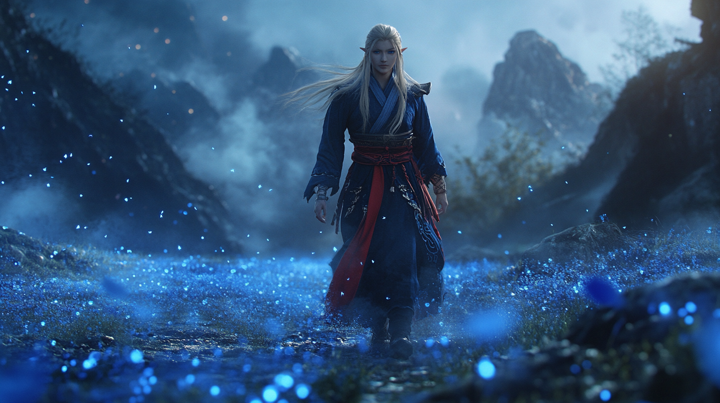 Link in Mongolian Outfit Exploring Dreamy Blue Landscape