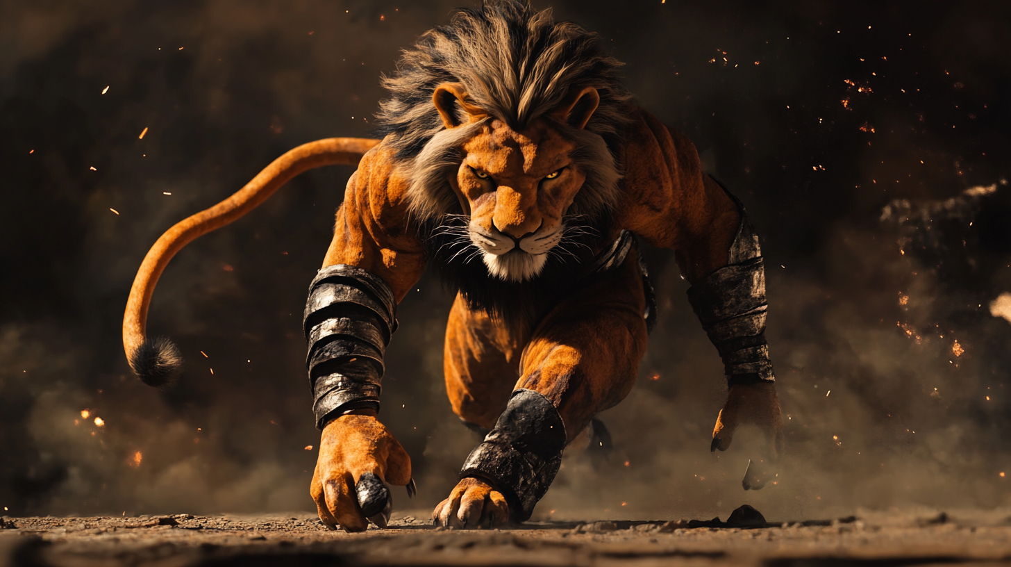 Lion man fighter walking in dark fantasy action