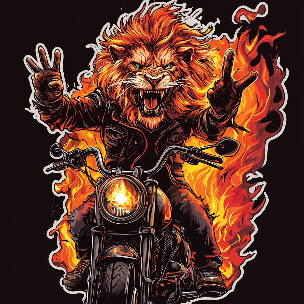 Lion sticker on bike in flames, hands rock horns.