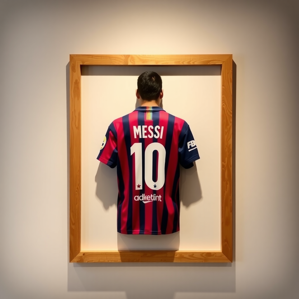 Lionel Messi's clothes on wall in frame.