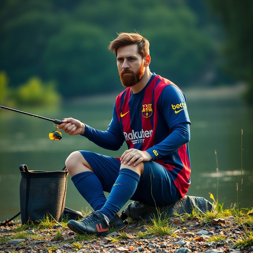 Lionel Messi Fishing by Riverside in Barcelona Jersey