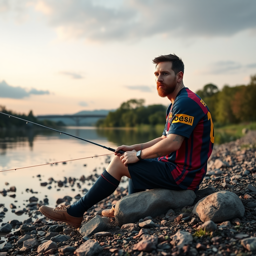 Lionel Messi in Barcelona Jersey Fishing by Riverside