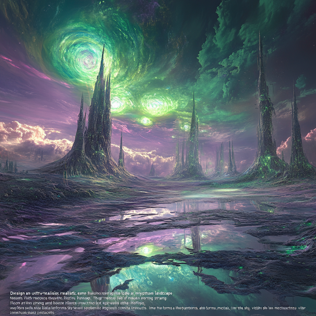 Liquid metal landscape with mysterious alien structures and vibrant skies.