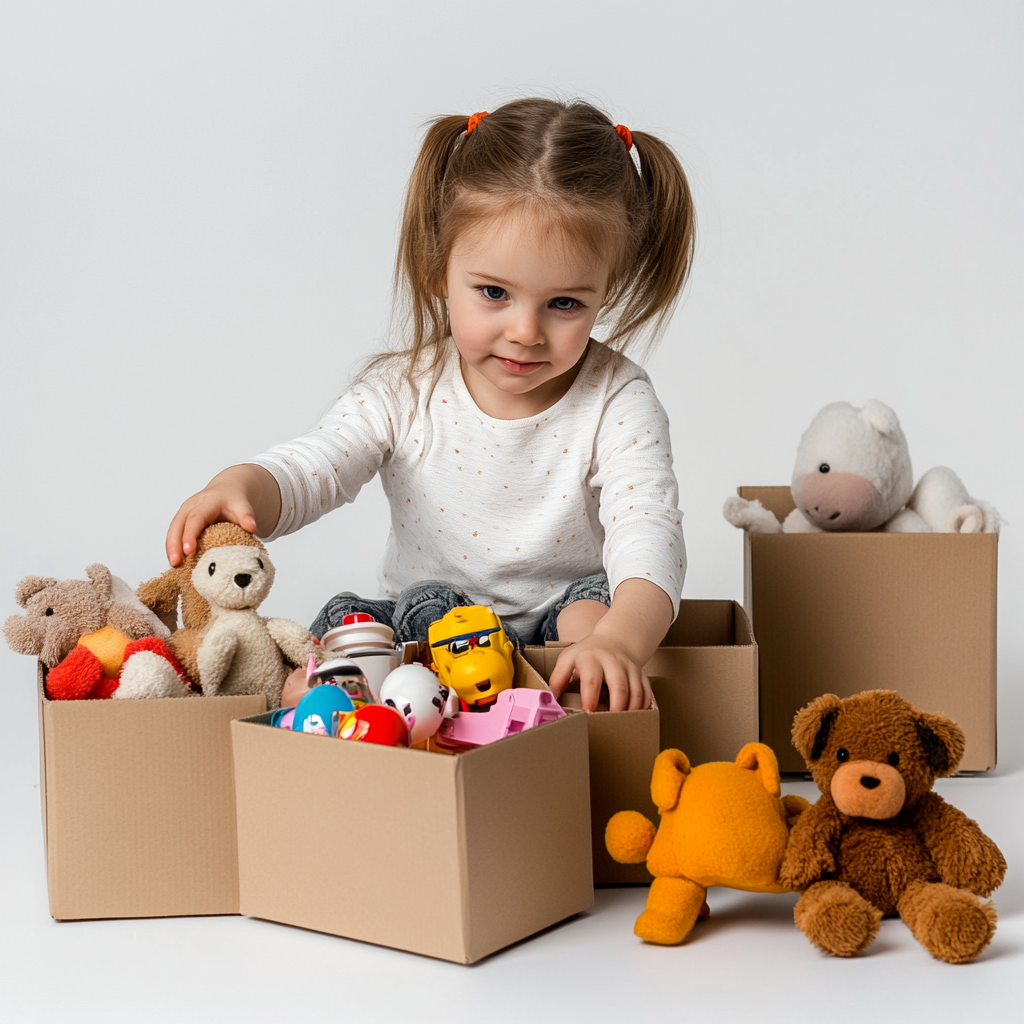 Little Girl Sorts Toys into S, M, L Boxes 