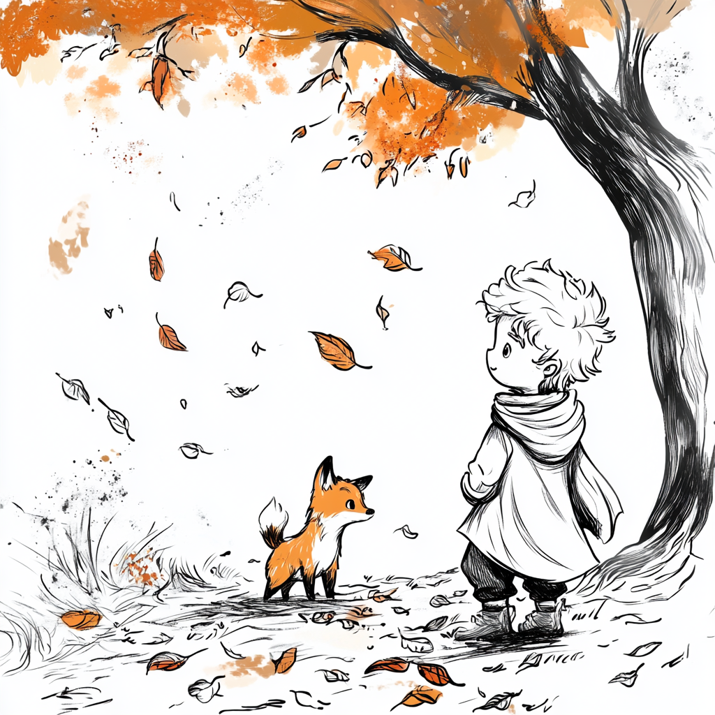 Little Prince & Fox Coloring Page: Simplified Autumn Design