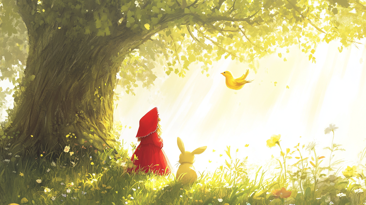 Little Red Hood and Bunny smile at singing bird.