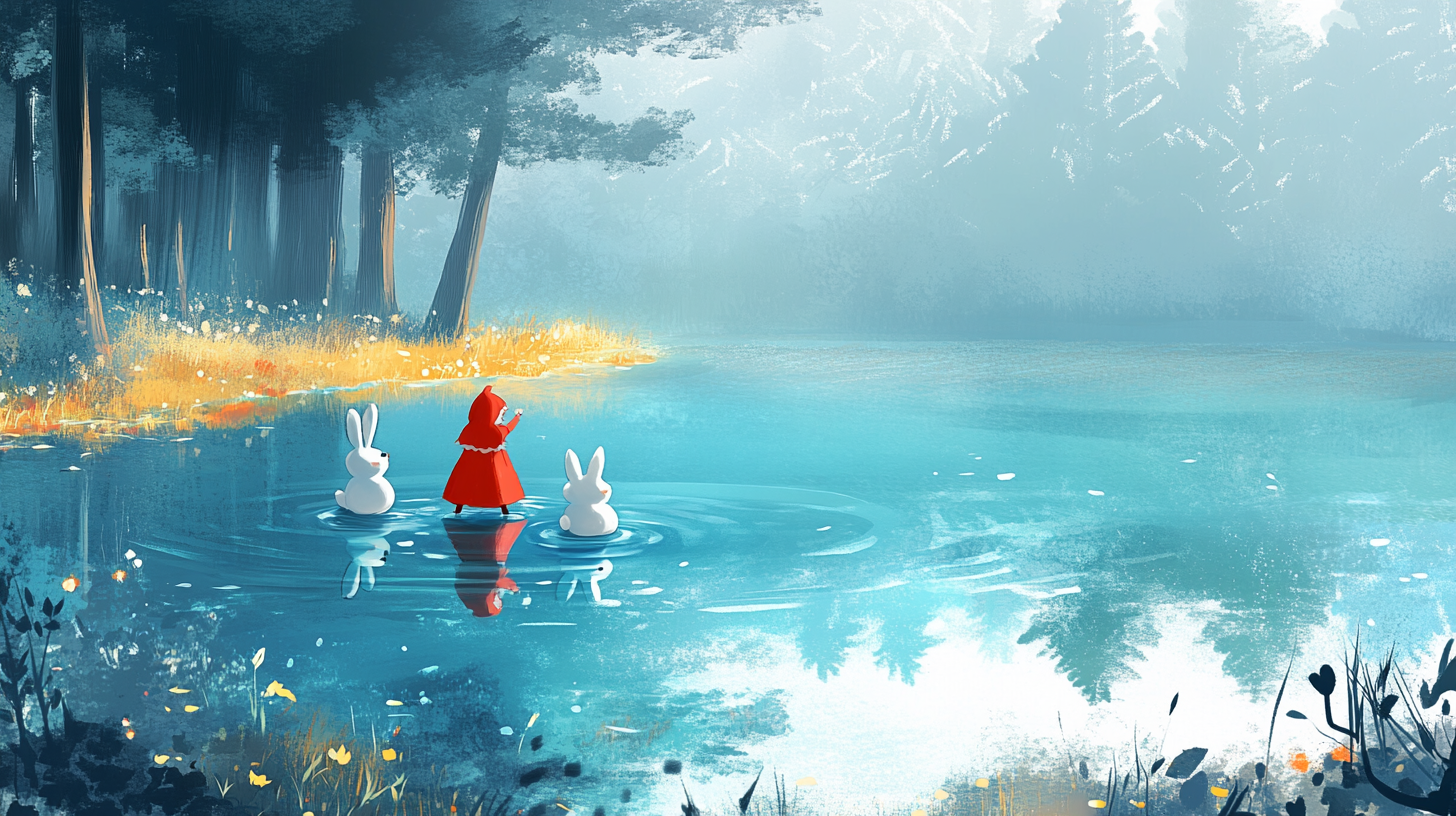 Little Red Riding Hood and Bunny by lake smiling.