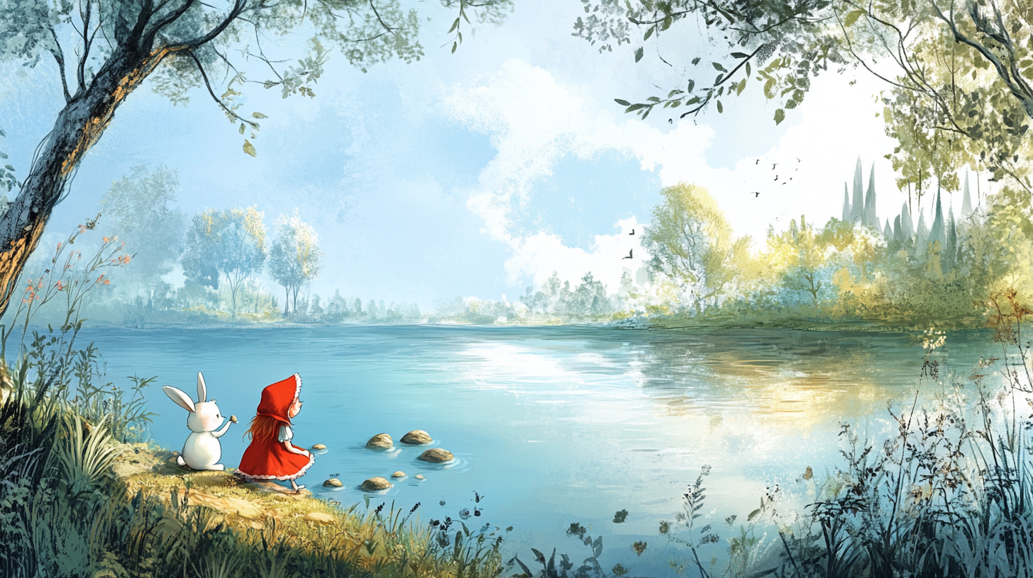 Little Red Riding Hood and Bunny happily play near lake.