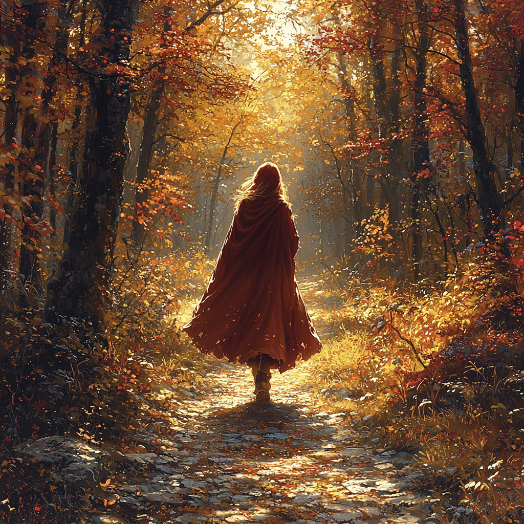 Little Red Riding Hood embarks on a tranquil journey.