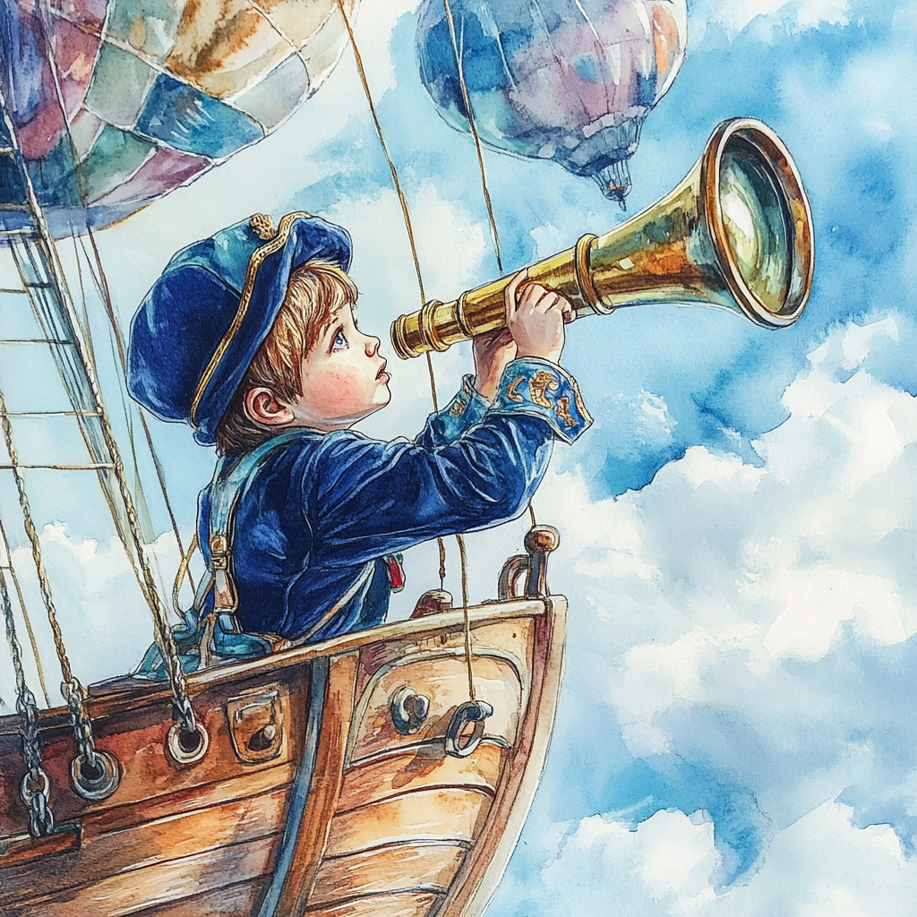 Little boy in blue sailor hat looks through telescope.