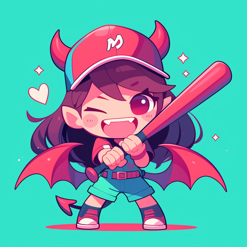 Little devil girl in baseball outfit smiles - vector sticker