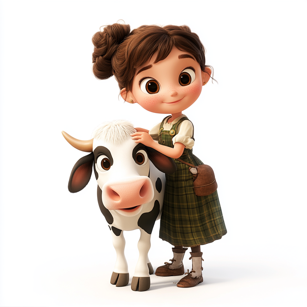 Little farm girl milking cow in animation