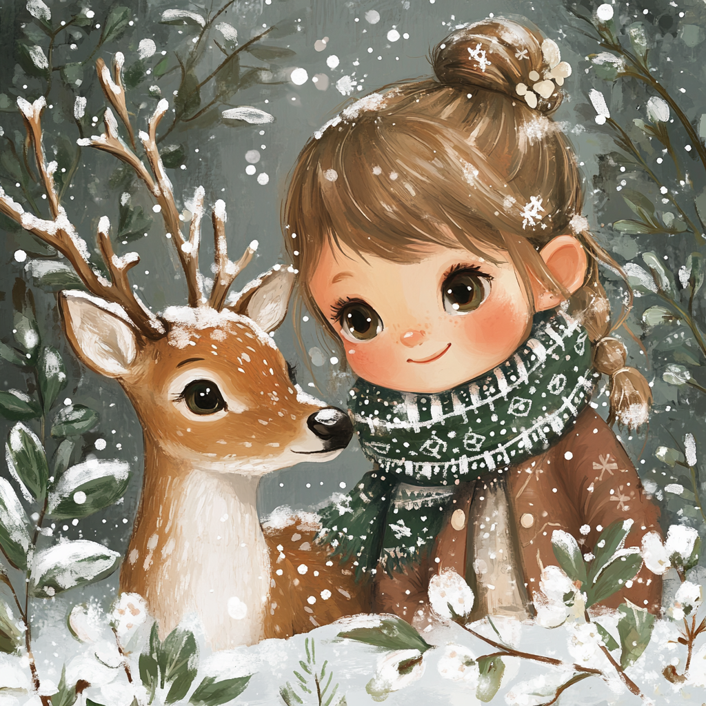 Little girl and deer in snow with scarves.