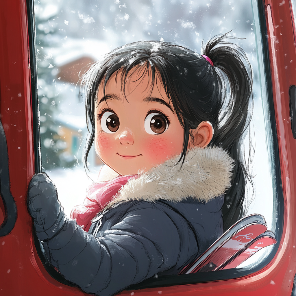 Little girl in ski jacket riding red gondola.