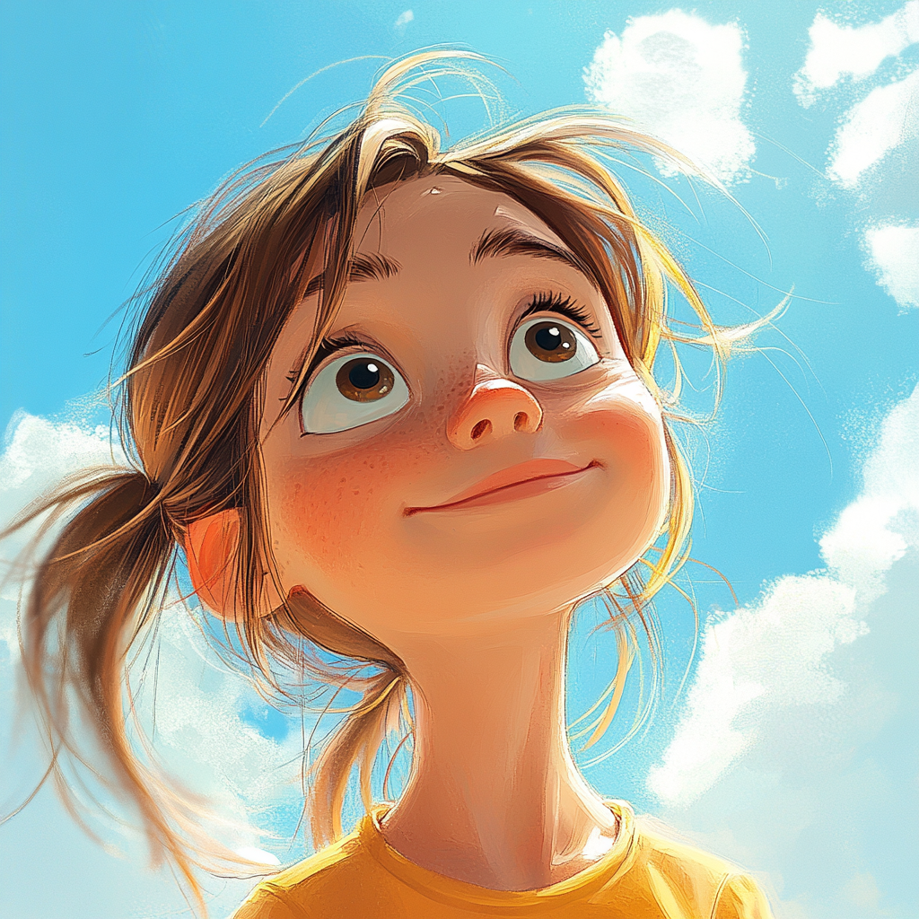 Little girl looks toward camera in cartoon style.