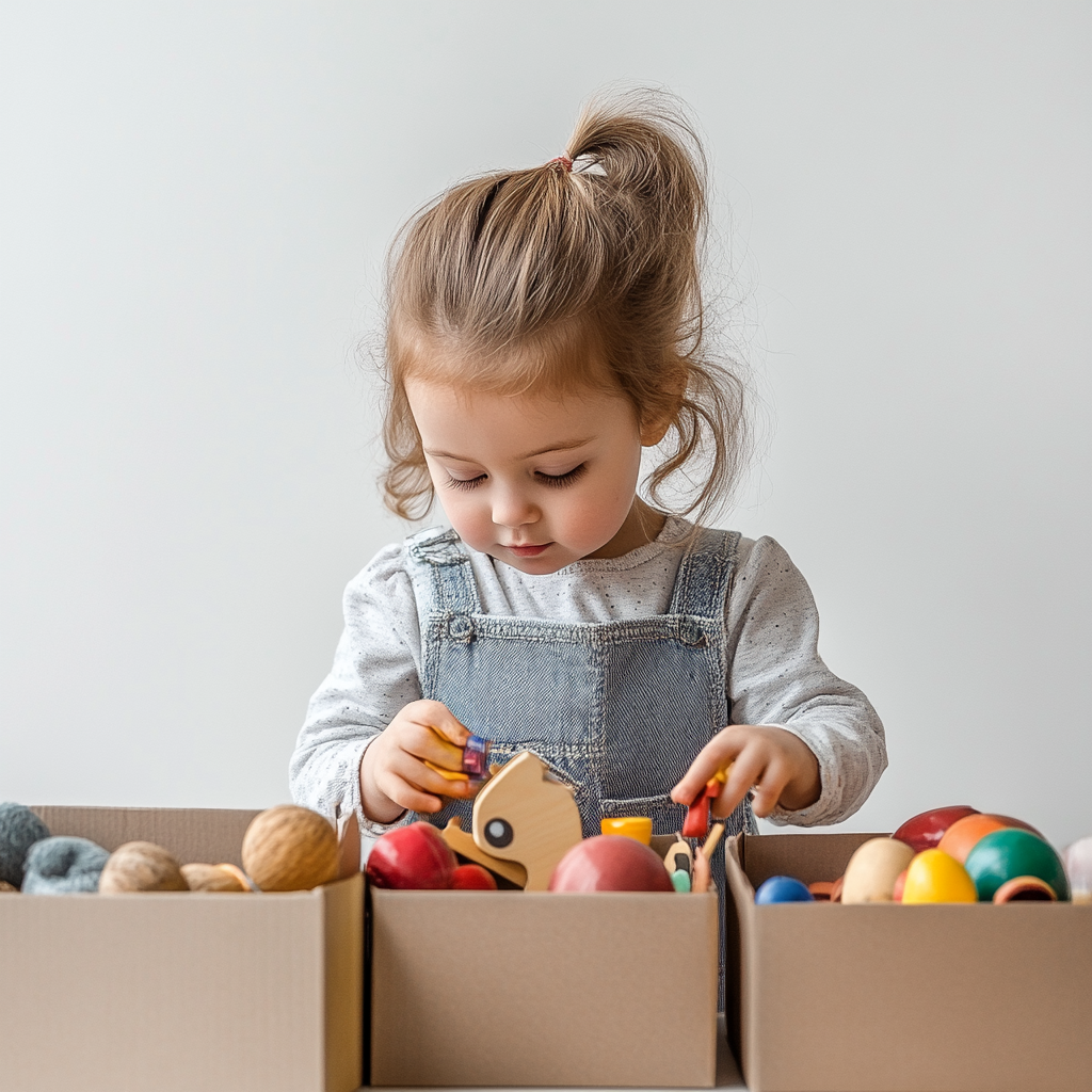 Little girl organizes toys in different sized boxes 