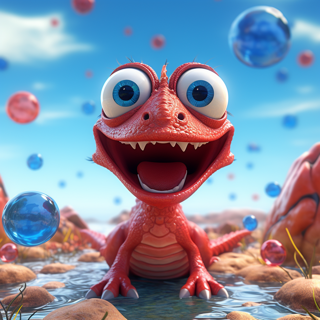 Little red dinosaur smiles under blue jellyfish and Jupiter.