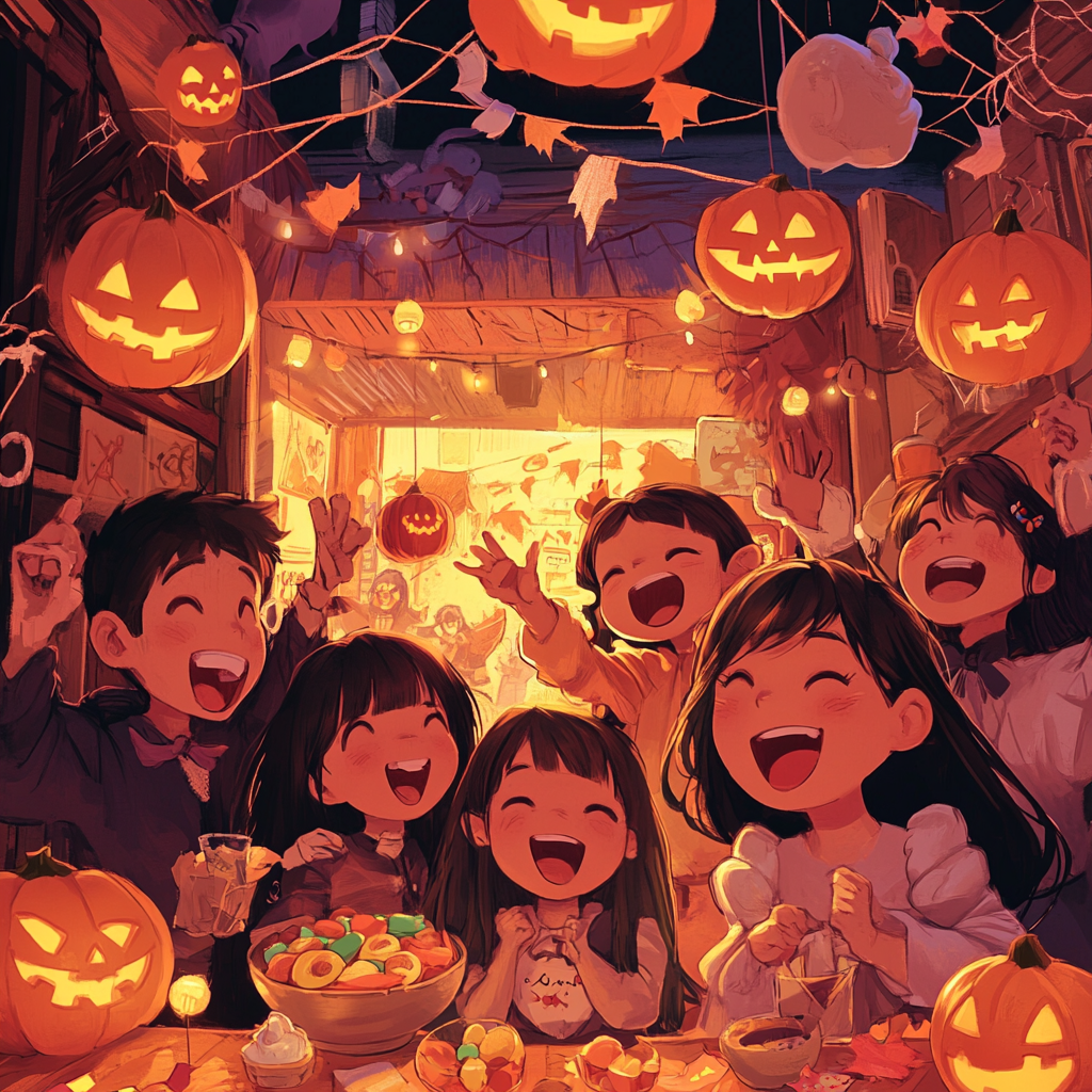 Lively Halloween party with joyful characters in costumes