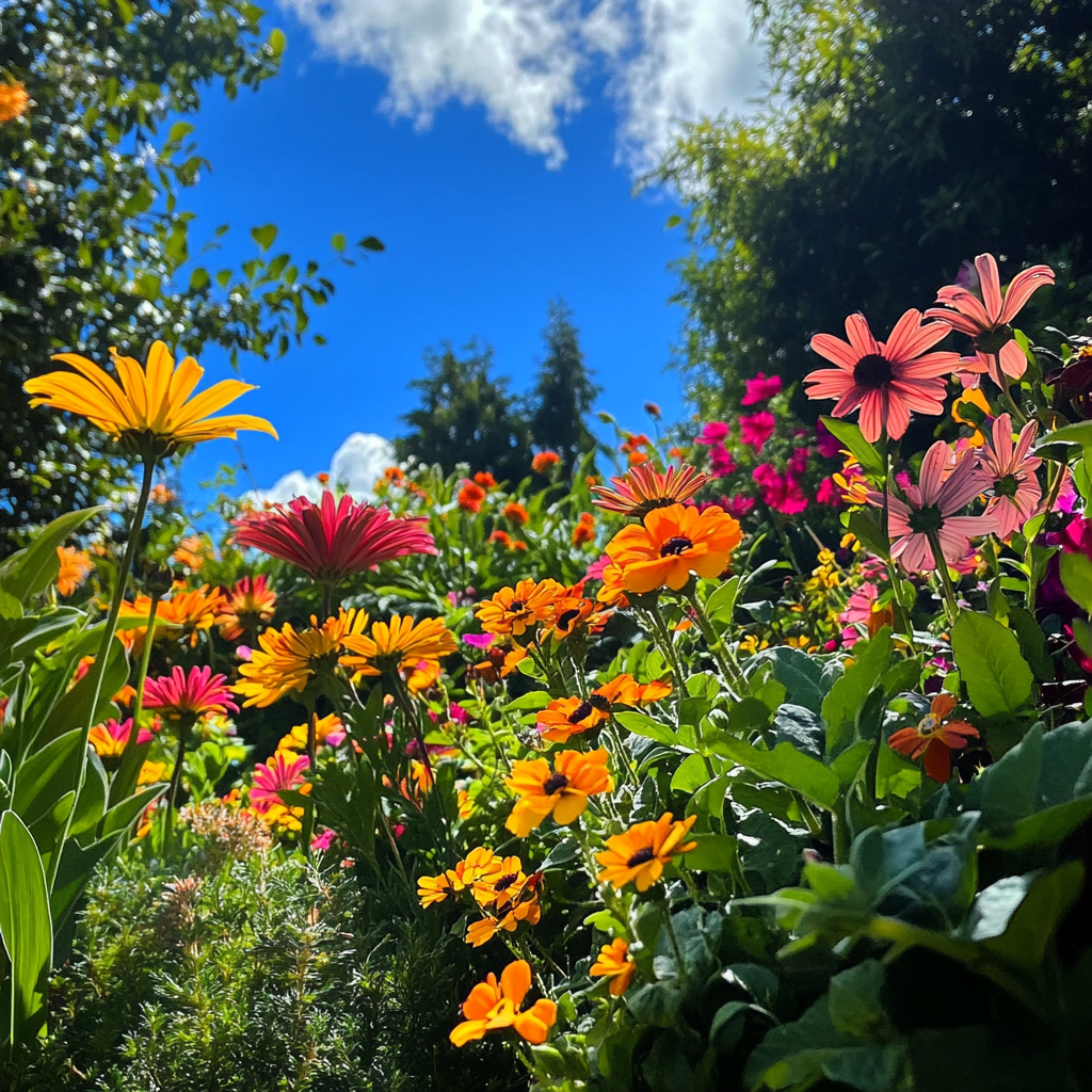 Lively garden with colorful flowers under sunny skies 