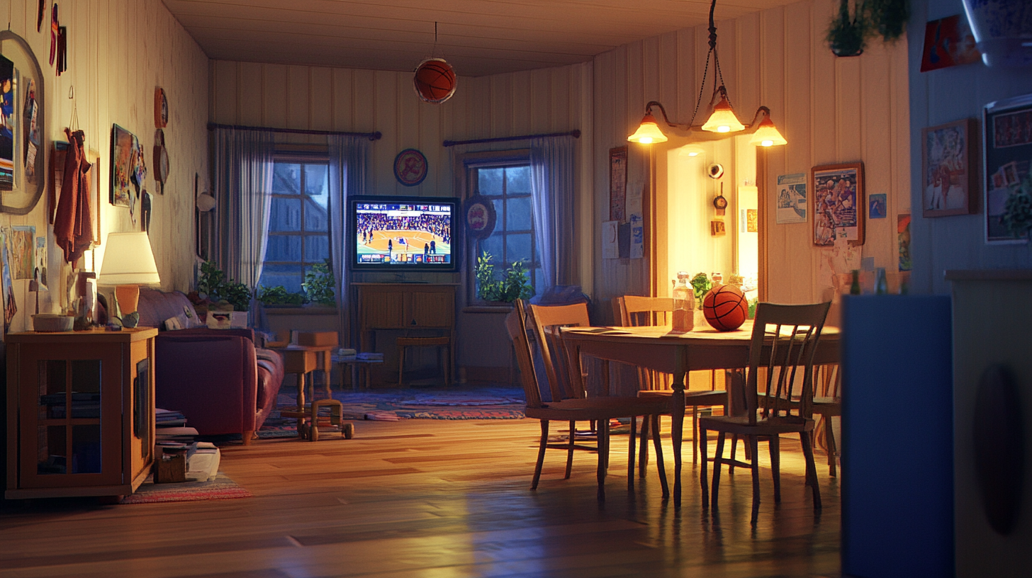 Living room with basketball game on TV, nostalgic setting.