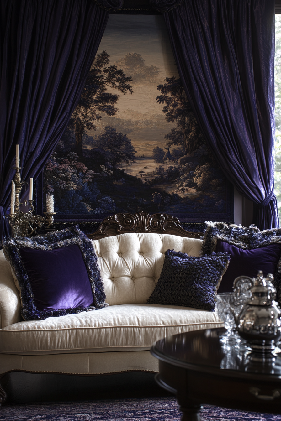 Living room with twilight theme, serene and dreamy.