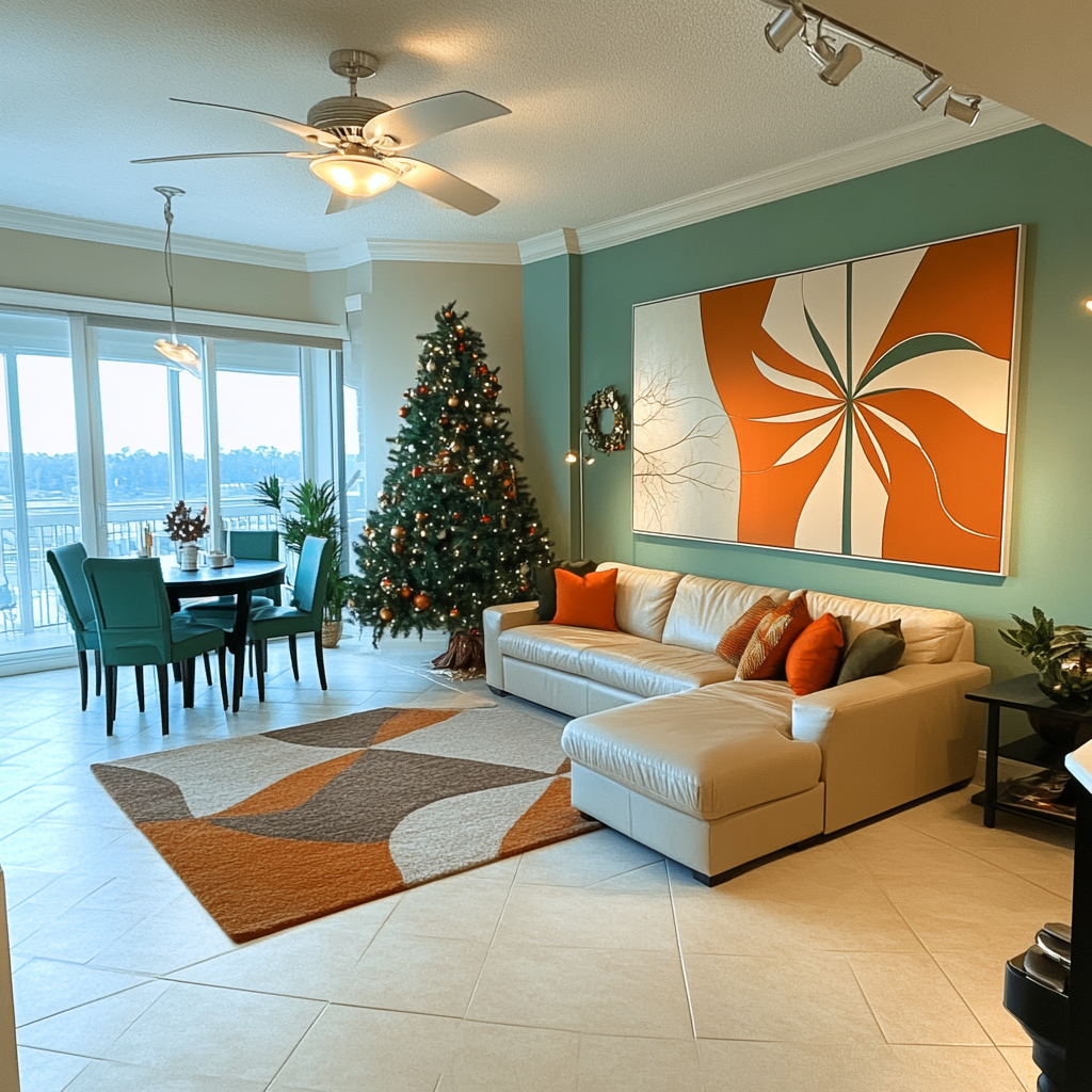 Living/kitchen/dining area with balconies, green walls, classic modern.