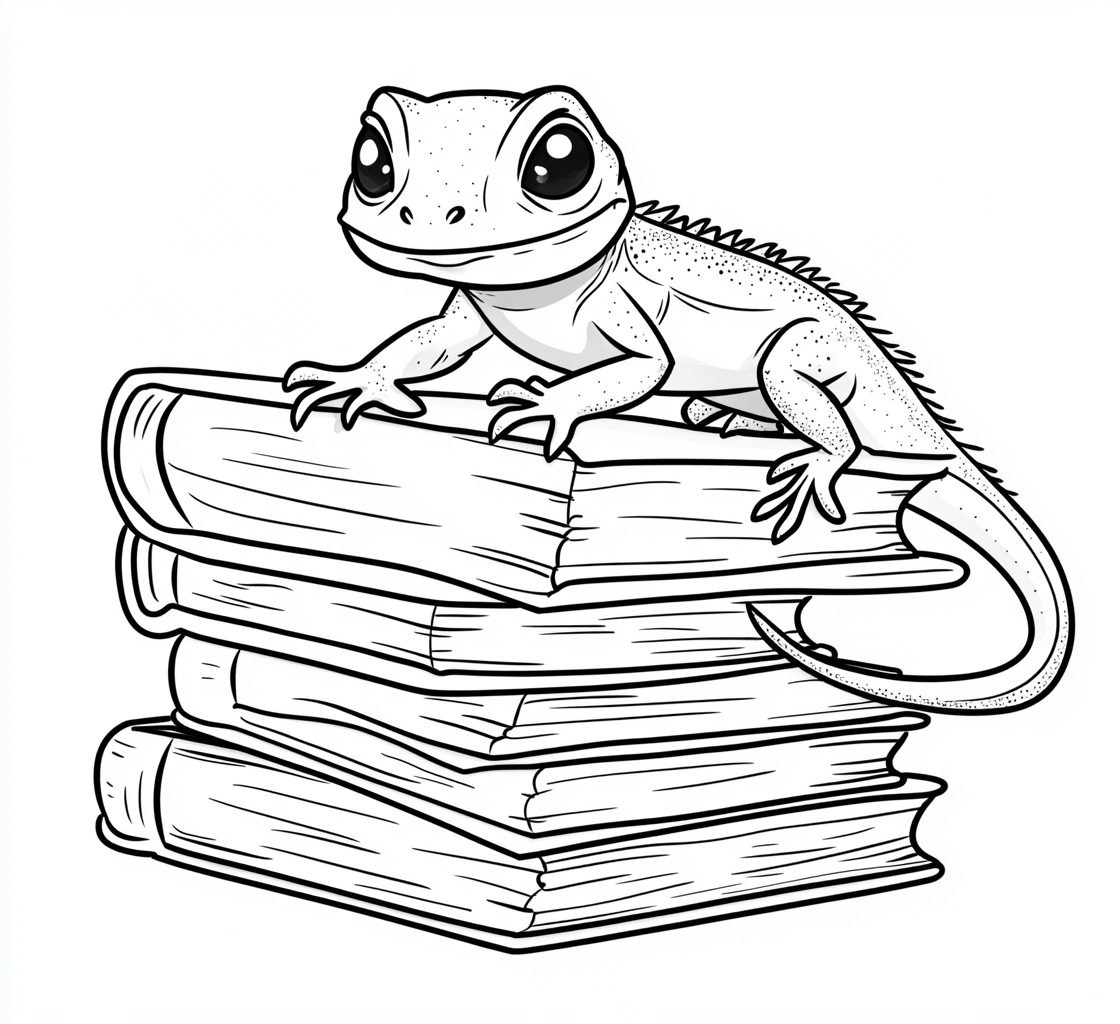 Lizard climbing books, simple line art coloring page.