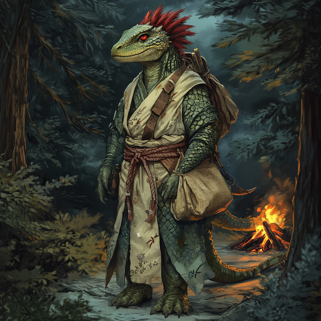 Lizardfolk warrior in robe with red frills. Campfire background.